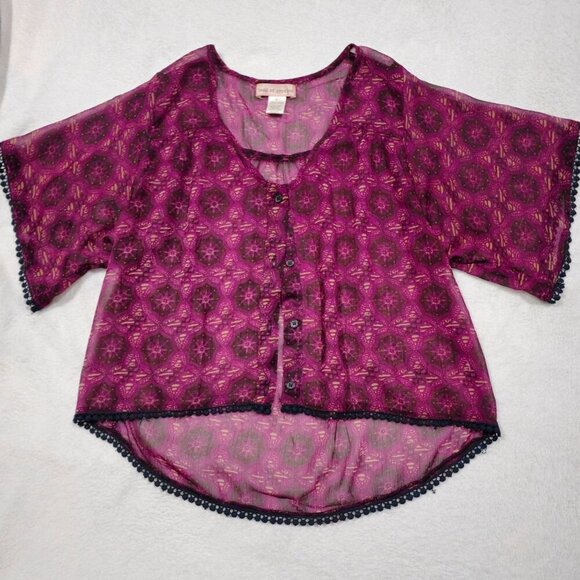 Band of Gypsies ✦ Sheer Boho Kimono Top ✦ Purple Print Crochet Trim Blouse XS - Picture 3 of 11
